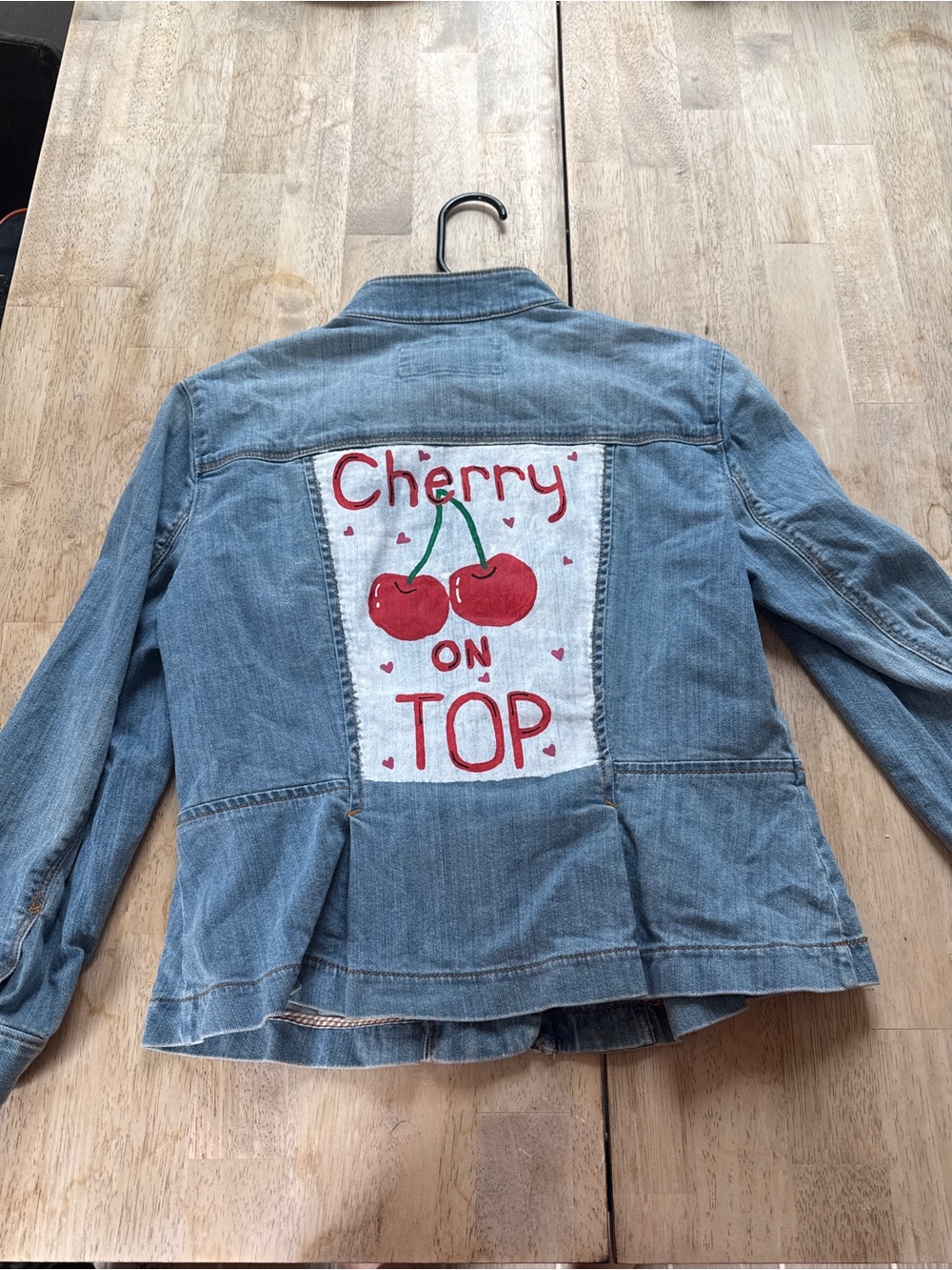Upcycled and Hand Painted Light Blue Denim Jacket with Cherry Graphic